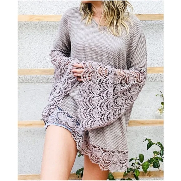 034 Boho Lace Bell Sleeve Waffle Knit Tunic Top - Picture 1 of 13